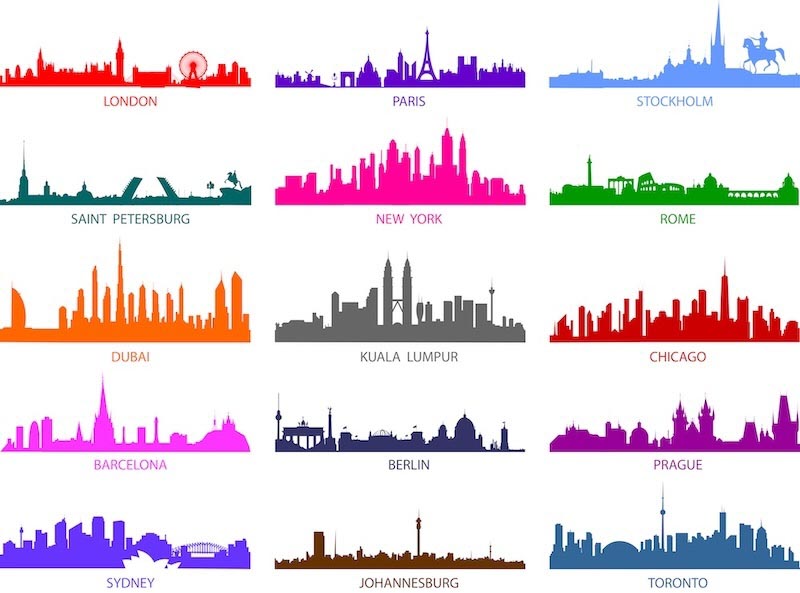 Silhouettes de Villes Colorées du Monde wallpaper mural