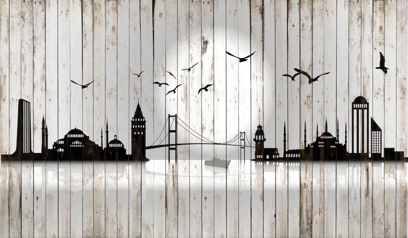 Silhouette d’Istanbul sur Mur en Bois wallpaper mural