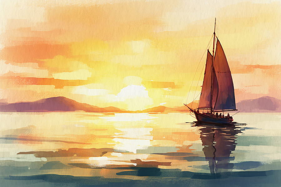 Voilier au Coucher de Soleil Aquarelle wallpaper mural