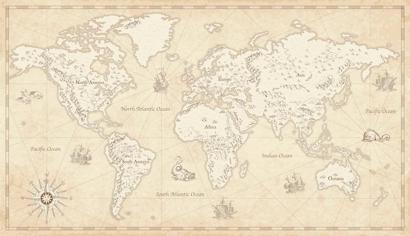 Vieille Carte du Monde avec Continents wallpaper mural