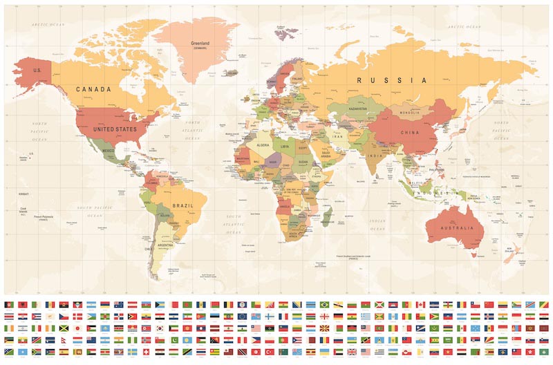 Drapeaux et Carte du Monde wallpaper mural