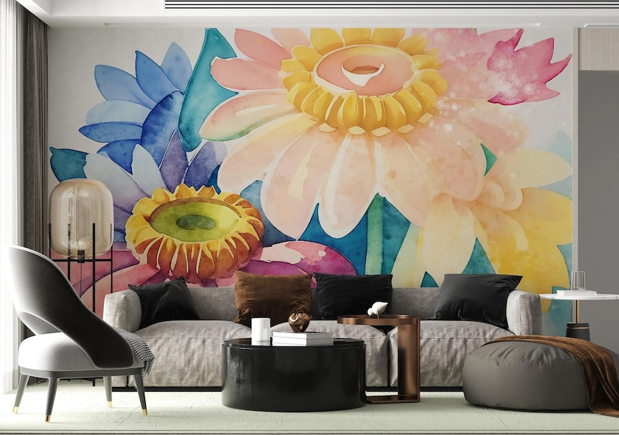 Grandes fleurs à l’aquarelle utilisées comme décor mural