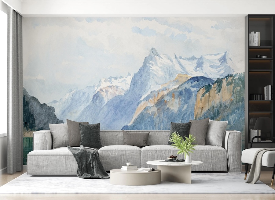 Papier Peint Panoramique Montagnes Aquarelle Bleue - 2