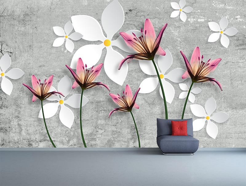 Fleurs En Béton - Papier Peint Mural Appliqué