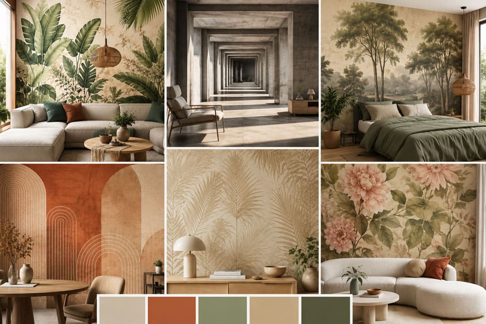 Collage présentant les dernières tendances du papier peint pour 2025-2026, avec des motifs botaniques, des effets 3D et des palettes de couleurs terracotta