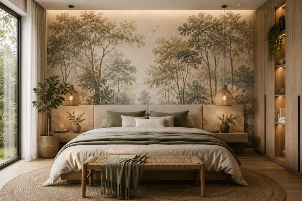 Papier peint inspiré de la nature dans une palette de couleurs neutres, installé sur le mur derrière un lit et illustrant l’une des grandes tendances de 2026