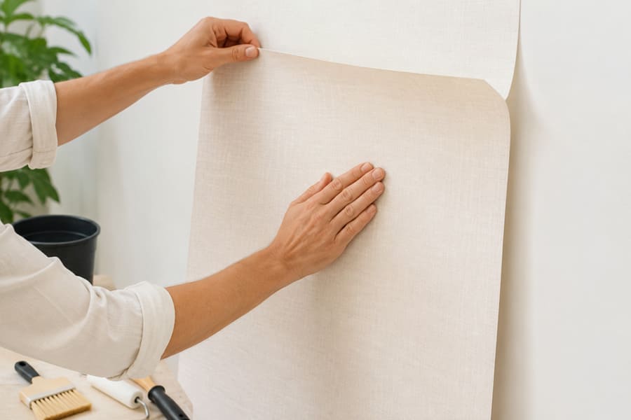 Pose d'un papier peint avec colle et ajustement d'une fresque murale