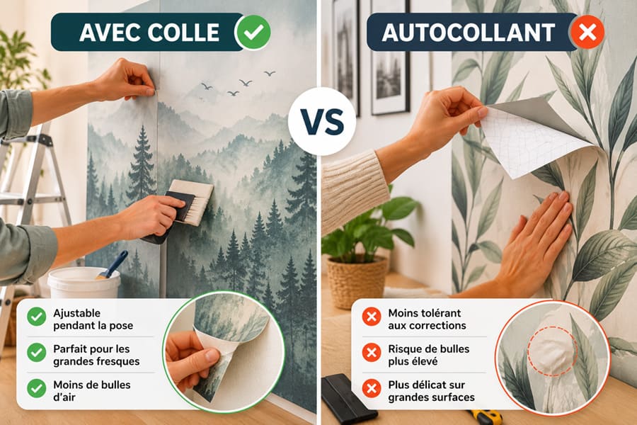 Comparaison entre papier peint avec colle et papier peint autocollant