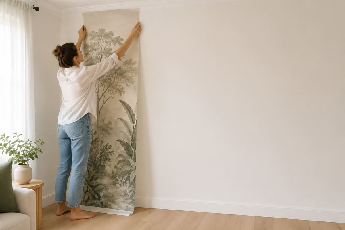Positionnement du premier lé de papier peint sur le mur